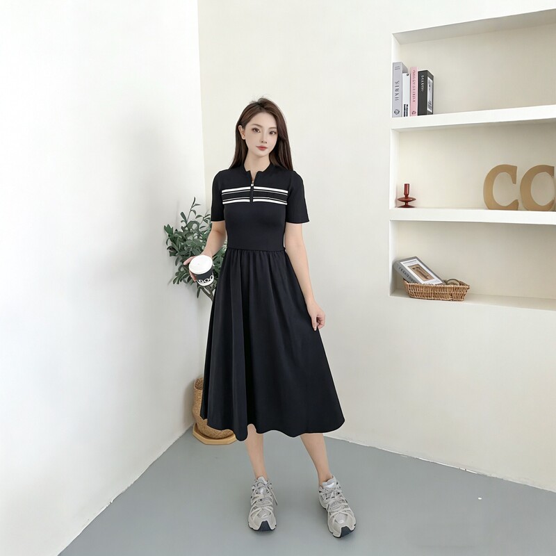 2026 New Style Feijia Women's Striped Dress, Women's Polo Dress, Casual Knitted Long Dress, One-Piece Wholesale 2026 New Style Feijia Women's Striped Dress, Women's Polo Dress, Casual Knitted Long Dress, One-Piece Wholesale