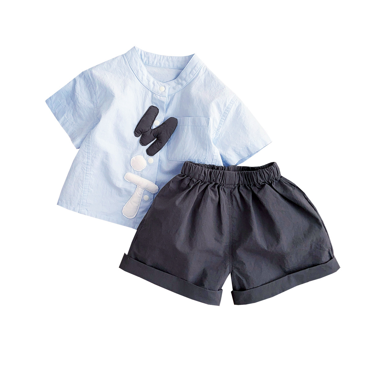 2025 verano nuevo estilo coreano bebé estilo occidental traje de niño de un solo pecho a clase de pantalones cortos ligeros de algodón de dos piezas