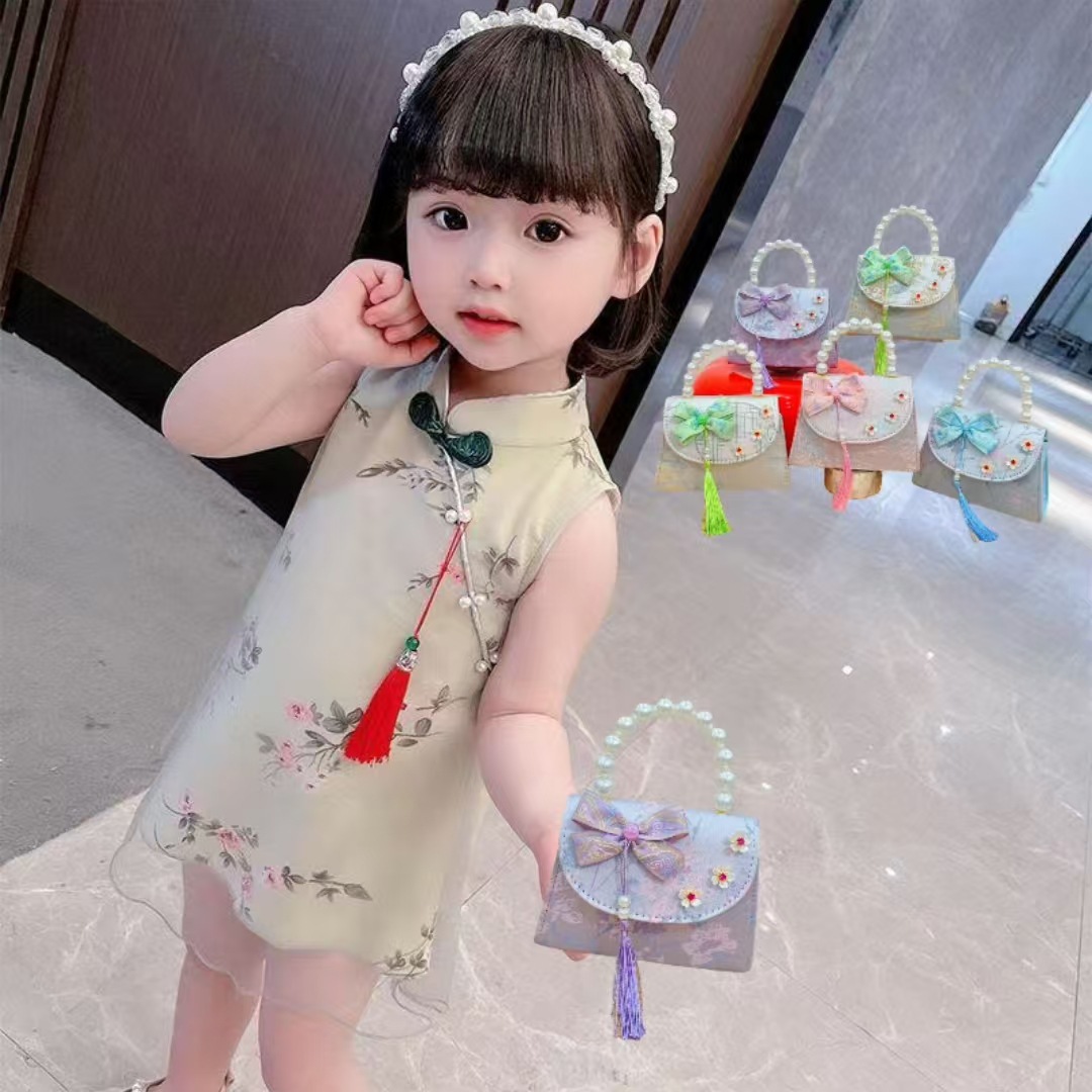 Bolsas de niños arco de estilo chino bordilla accesorios de niñas bolsas de mano princesa de perlas bolsa de cambio
