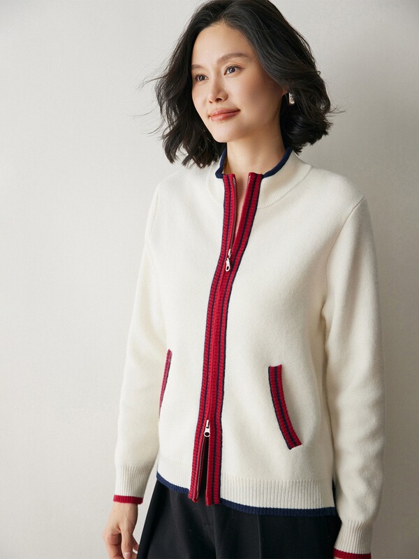 Thickened Cashmere Double-Pocket Color-Block Four-Flap Cardigan Jacket with Long Sleeves, Stand-Up Collar, Baseball Style, Knitted Half-High Collar, Zipper