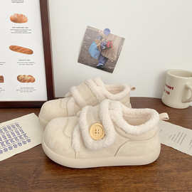 啄木鸟奶白加绒魔术贴板鞋女丑萌冬季新款棉鞋chic小众雪地靴运动