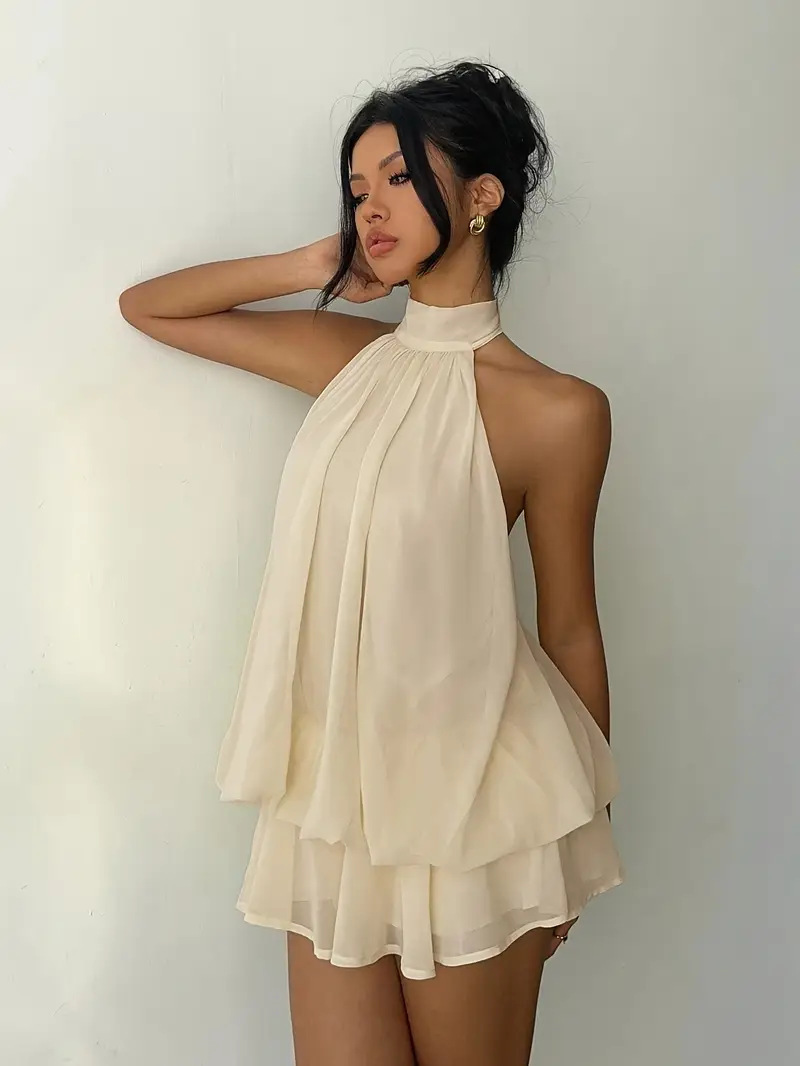 Sexy Mesh Halter Neck Tea Break Dress For Women Summer Beach Vacation Stylish Hot Girl Party Dress_ecoleips.com
