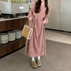 茶休フレンチコーデュロイワンピース女性秋高級感レトロ気質ウエスト森系優しい風初恋ロングスカート
