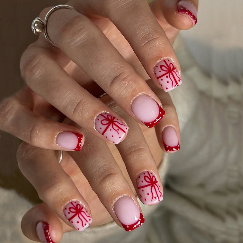 24pcs Short Square Christmas Wearable Nails Red French Bowknot White Polka Dot Design Patch Fake Nails