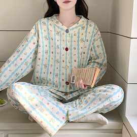 新款空气棉夹层睡衣女秋冬季卡通长袖开衫套装加厚保暖家居服批发