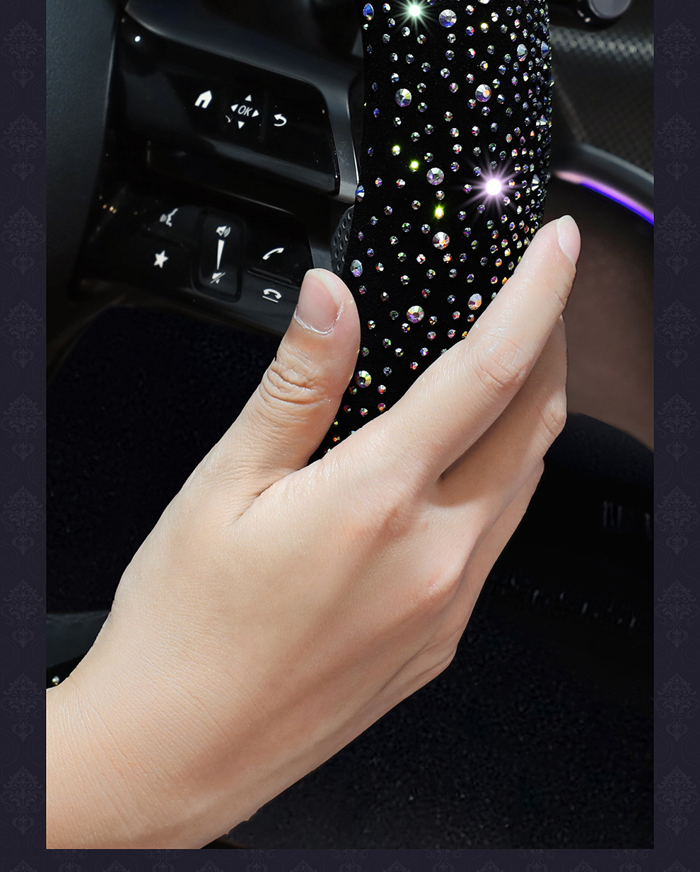 2026 New Fashion Full-Diamond Car Steering Wheel Cover for Women, All-Season Universal, Sparkling Diamond Anti-Slip D-Type Steering Wheel Cover