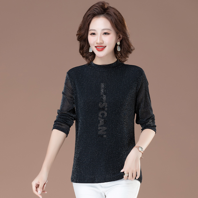 하프 하이 칼라 중년 어머니 티셔츠 긴 소매 여성용 2023 새로운 폭발 내부베이스 셔츠 봄과 가을 얇은 탑