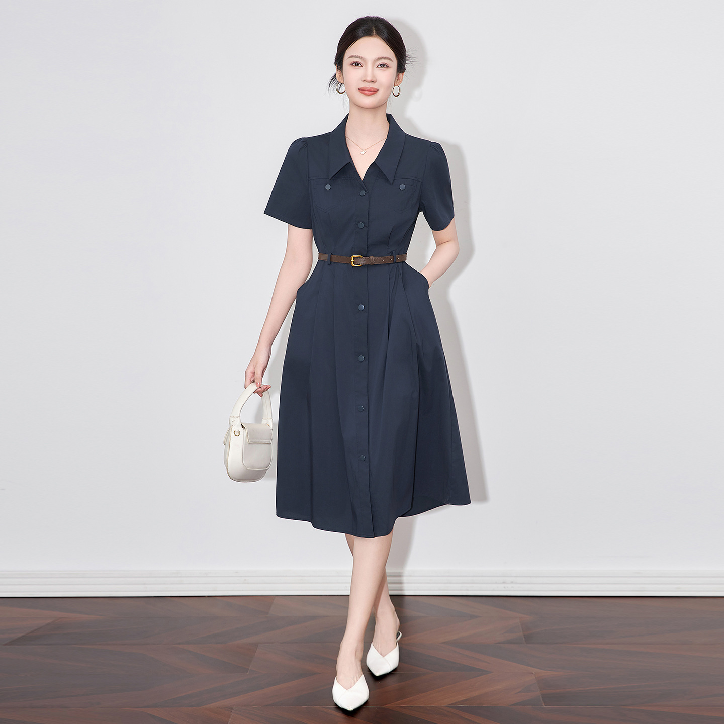 Váy liền kiểu áo sơ mi nữ cổ bẻ eo thon, dáng midi thanh lịch — Màu xanh navy