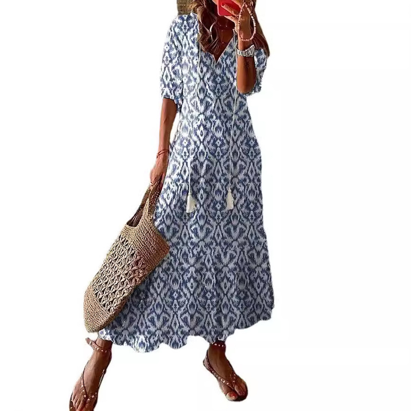 2025 European and American Cross-Border Hot Sale Casual Sweet Loose V Neck Printed Beard Mid-Sleeve Long Dress for Women in Stock