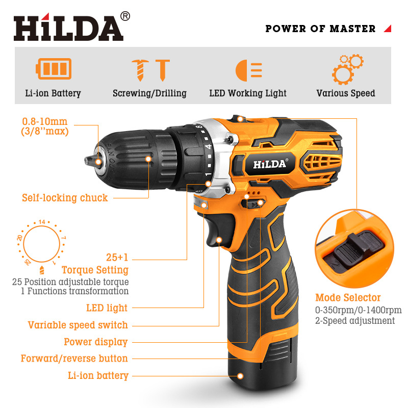 Hilda en stock recargable impacto taladro batería de litio mano taladro hogar al por mayor destornillador eléctrico Accesorios