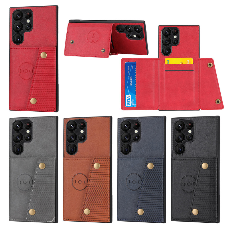Double buckle card holder leather case for Samsung S23 phone case NOTE20 car magnetic A73M525G solid color retro
