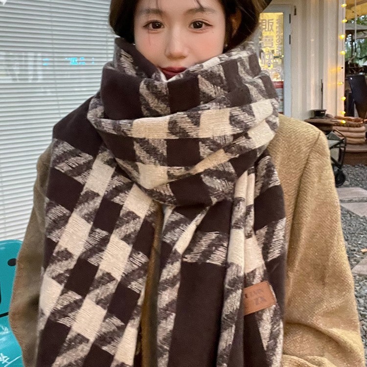 围巾女冬季2025新款秋冬韩系氛围感千鸟格大学生加厚保暖披肩围脖|undefined