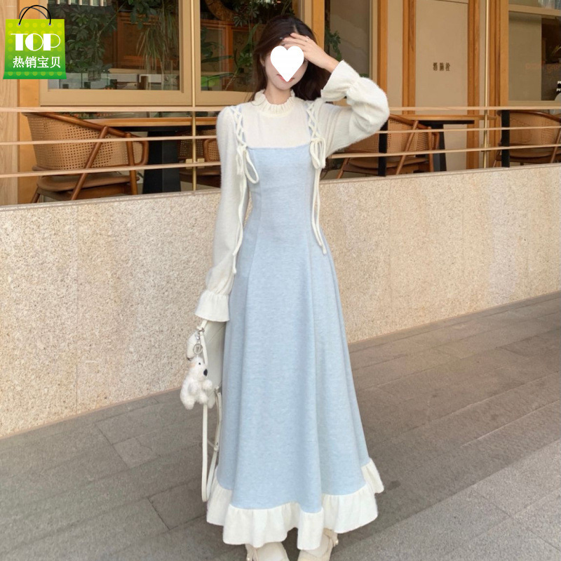 Gentle Style Wooden Coat with Long Sleeves and Dress-Like Design, Spring French-Style Elegant Waist-Cinching Long Dress with a Faux Two-Piece Design