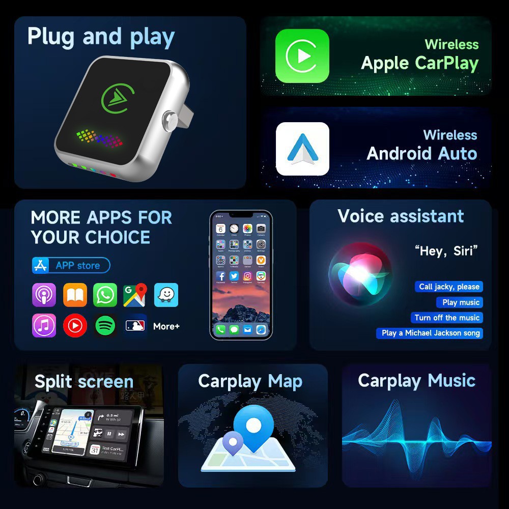 CarPlay box upgraded version with one-click ambient light switching, wired to wireless, Android two-in-one car adapter