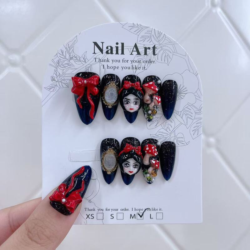 Jia Zhi Mu Wearable Nails Handmade High-Quality Nail Art Dark Style 3D Snow White Magic Mirror Almond False Nails Jia Zhi Mu Wearable Nails Handmade High-Quality Nail Art Dark Style 3D Snow White Magic Mirror Almond False Nails