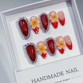 欧美流麻新款流沙链条小钻流动爆闪雕花杏仁美甲法式轻奢气质手工