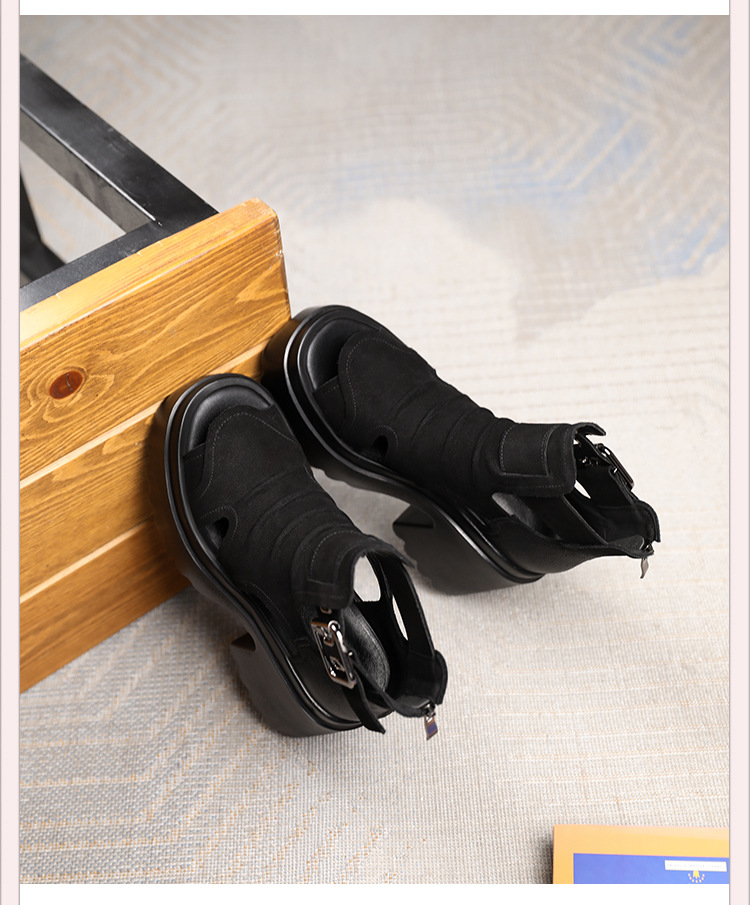 Sandal nữ gót thô miệng cá đế chống nước, tăng chiều cao 10 cm — Màu đen chi tiết 11