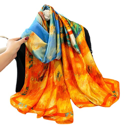 brocade silk scarf for women's all-matching spring and autumn satin scarf sunscreen shawl long beach towel thin gauze scarf seaside