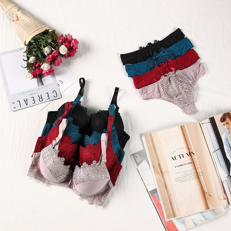 High quality lace gathered bra set, solid color nylon sexy lingerie set_voghion.com