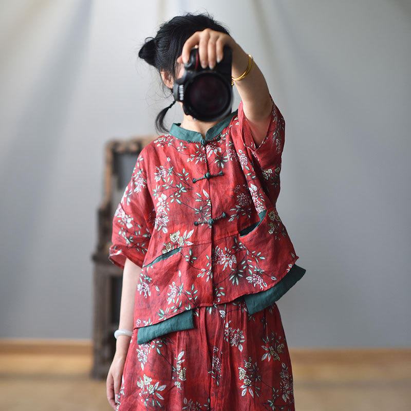 Cloud/original linen women's clothing ethnic style handmade buckle Chinese cardigan top contrast color collar printed shirt