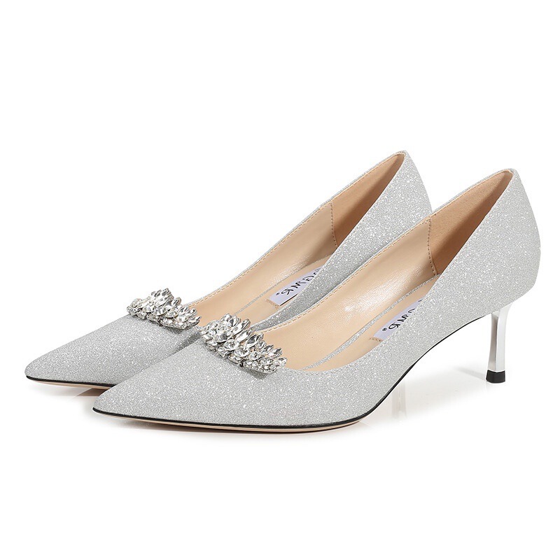 Plus-Size Women's Shoes 2026 Spring/Summer Silver High Heels with Thin Heels, Pointed Toe, Full Crystal Embellishments, Wedding Banquet Bridesmaid Shoes, Height-Increasing