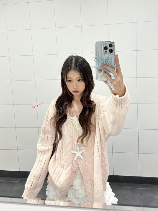 温柔风甜美粉色v领毛衣外套女2025秋装宽松减龄麻花针织开衫上衣|undefined