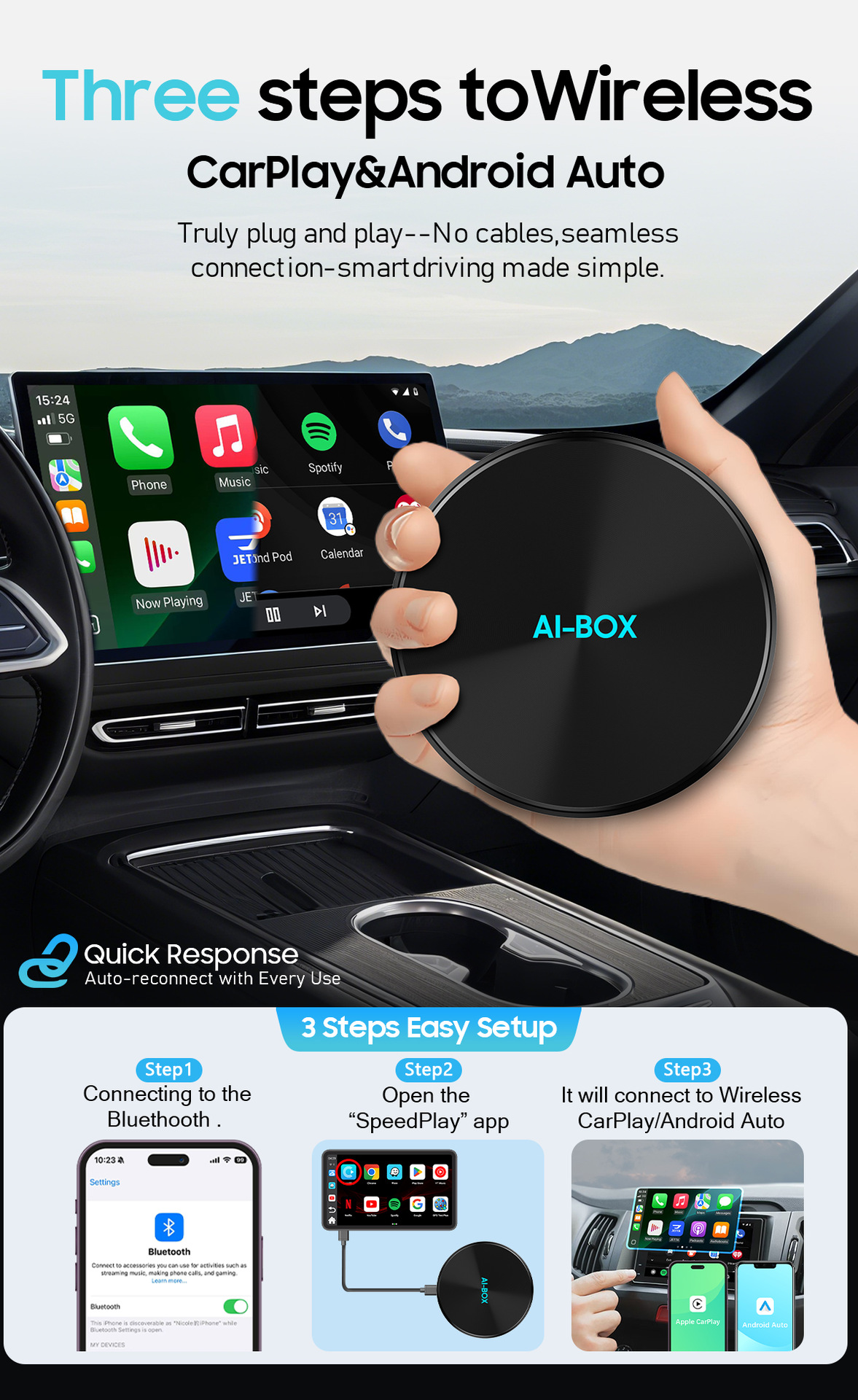 Smart car wireless carplay box, converts original car wired system to wireless carplay box, Android box, Qualcomm