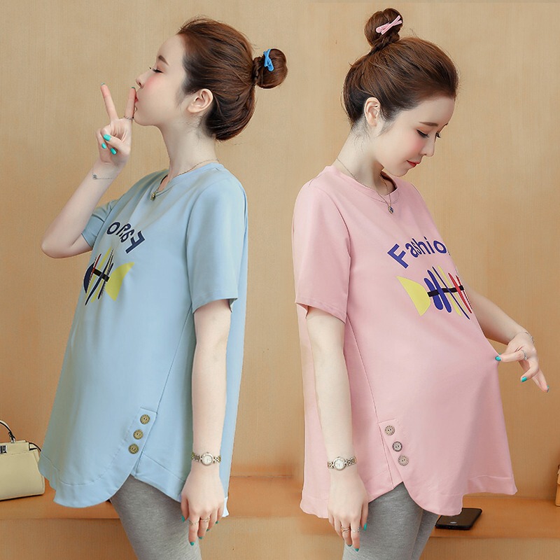Maternity Summer Fashion Trendy Short-Sleeve Top Mid-Length T-Shirt for Pregnant Women