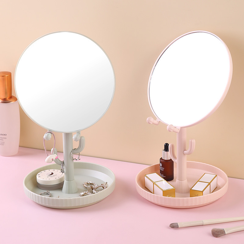 Espejo de tocador redondo de dibujos animados cactus dormitorio de estudiantes espejo de tocador con base maquillaje de escritorio chica corazón belleza espejo de maquillaje