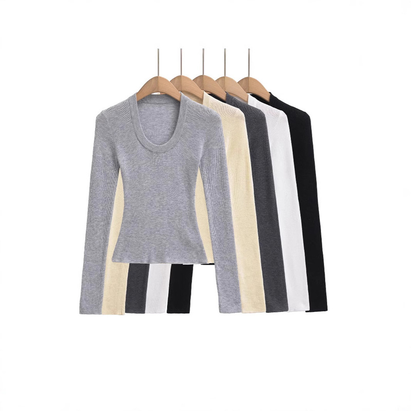 2025 Spring New Style Spice Girls Slim-Fit Slimming Solid Color Knitted T-Shirt with Thin U-Neck Knitted Top for Women