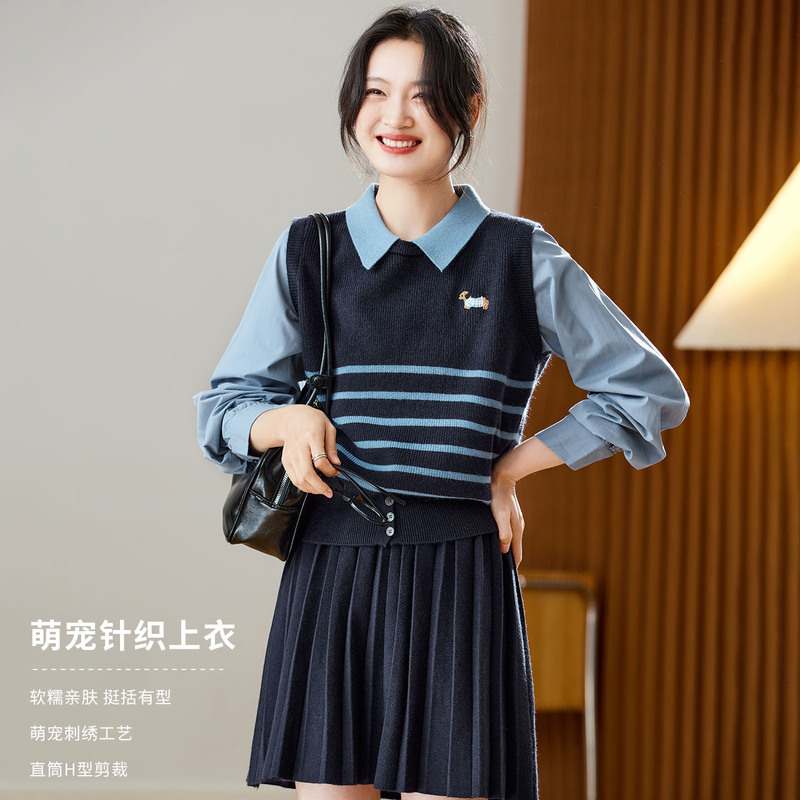 Cotton Cocoon Fake Two-Piece Knit Sweater for Women 2026 Spring and Autumn New Design Patchwork Top Fashion Casual Sweater