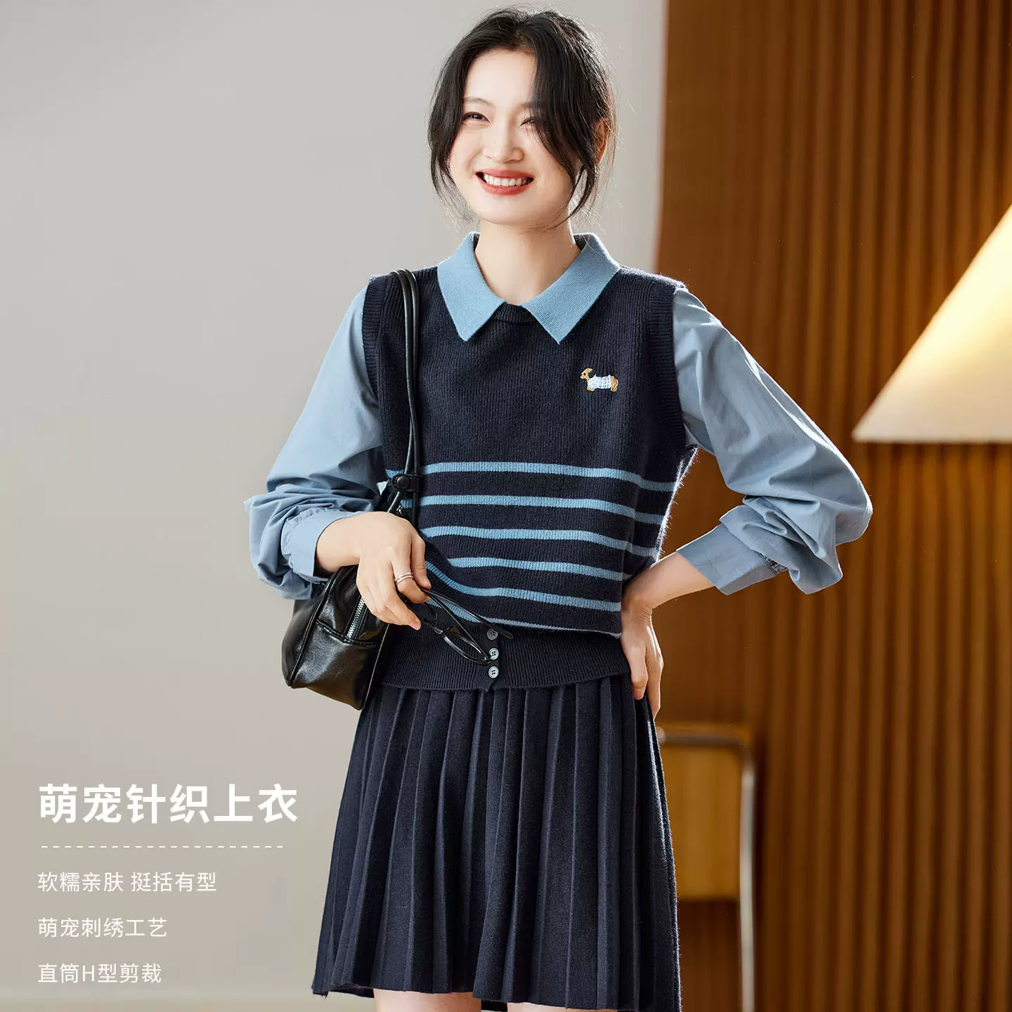 棉茧 假两件针织衫女2026春秋装新款设计感拼接上衣时尚休闲毛衣