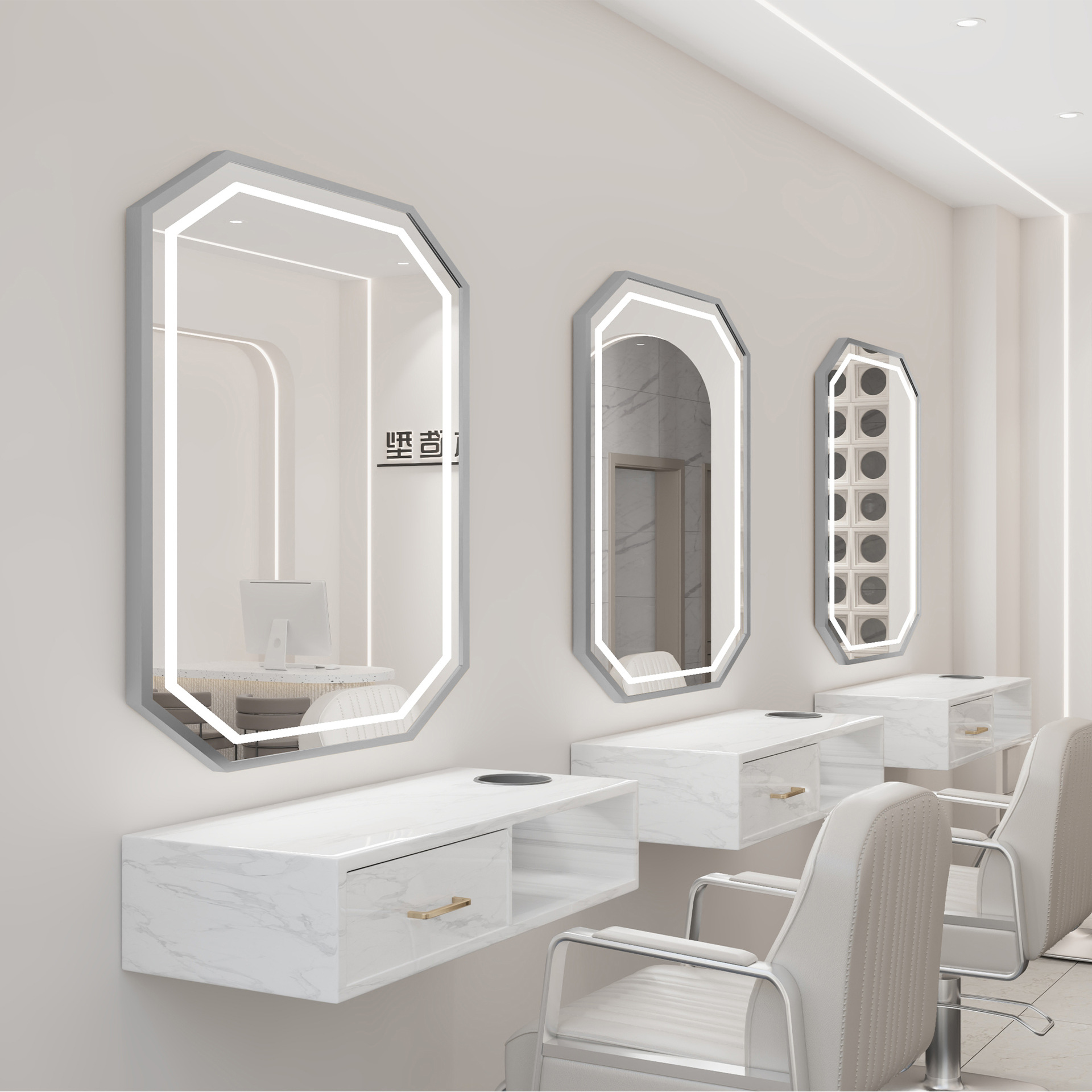 Nueva peluquería belleza con espejo de lámpara, peluquería integrada, área especial de teñido en caliente, tienda de moda de celebridades de Internet, gabinete de espejo de pared al por mayor