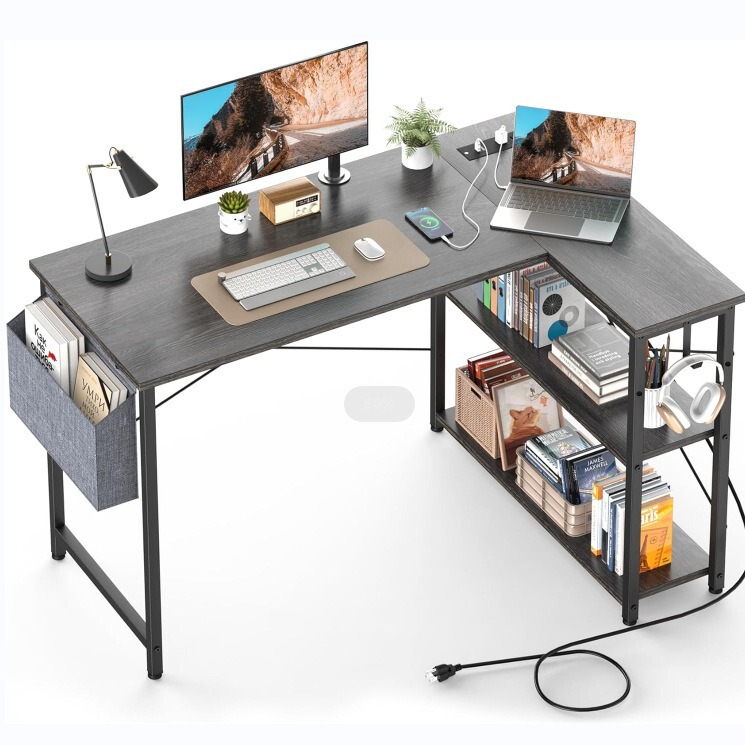 L-Shaped Desk 47inch Computer Desk with Outlet and USB Ports, Reversible Corner Desk Bookshelf L-Shaped Desk 47inch Computer Desk with Outlet and USB Ports, Reversible Corner Desk Bookshelf