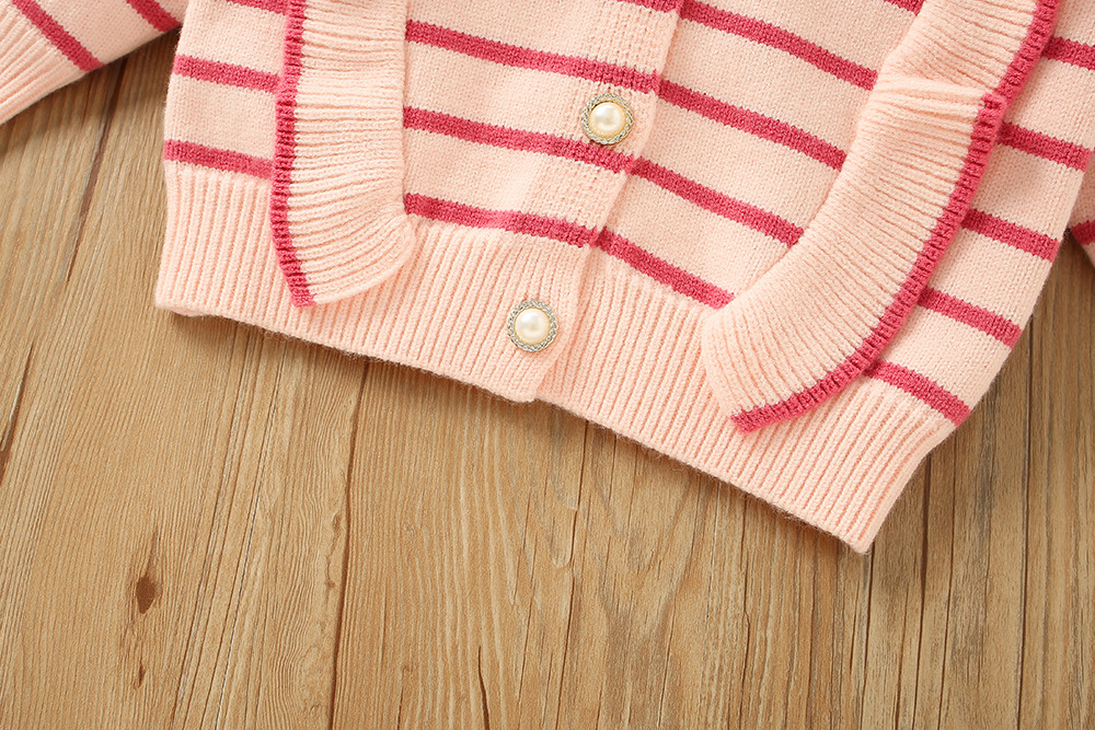 Girls' Sweater S 2023 Winter New Korean Edition Western Style Girl Stripe Wooden Ear Edge Children's Pants Two Piece_voghion.com