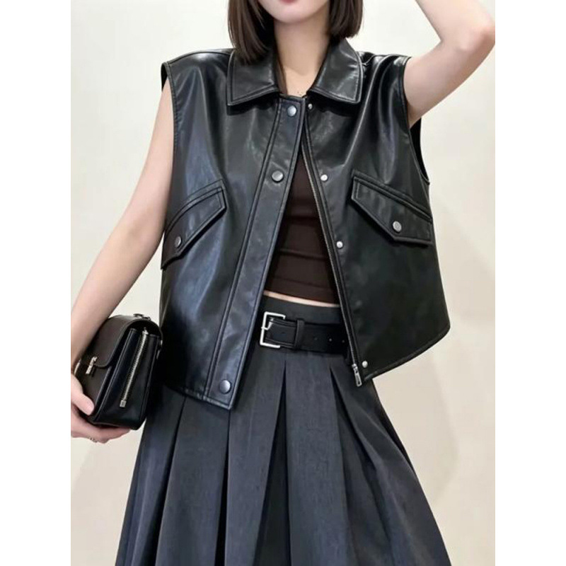 Inventario negro con solapa corta sin mangas chaleco de cuero de mujer estilo de moda 2026 estilo europeo y americano transfronterizo image 1