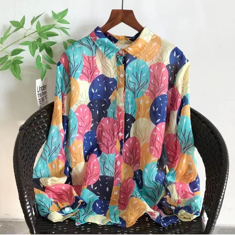 Mori Women's Artistic Printed Lapel Ramie Long-sleeved Shirt Women's Loose 2025 Spring and Autumn New Style Top Base Shirt Shirt