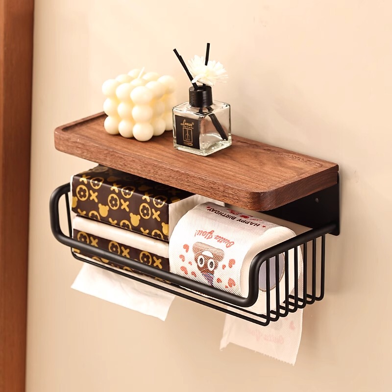 Walnut Bathroom Toilet Paper Box Punch-Free Wall-Mounted Antique Style Bathroom Roll Paper Storage Paper Towel