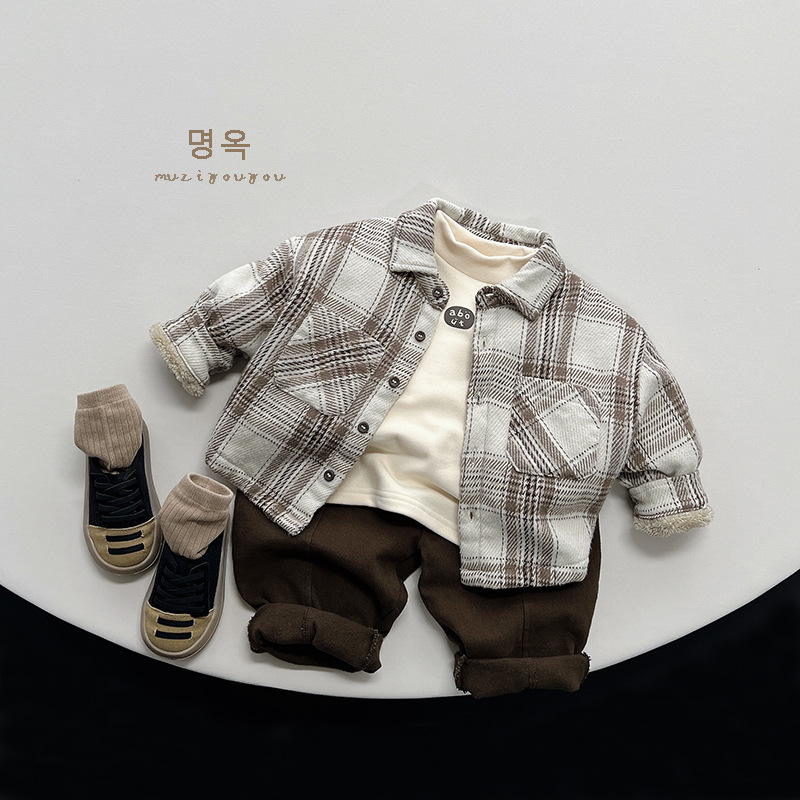 Estilo artístico de los muchachos de la tela escocesa camisa de lana forrada de invierno Nuevas niñas de estilo coreano retro top coat moda infantil ropa para niños