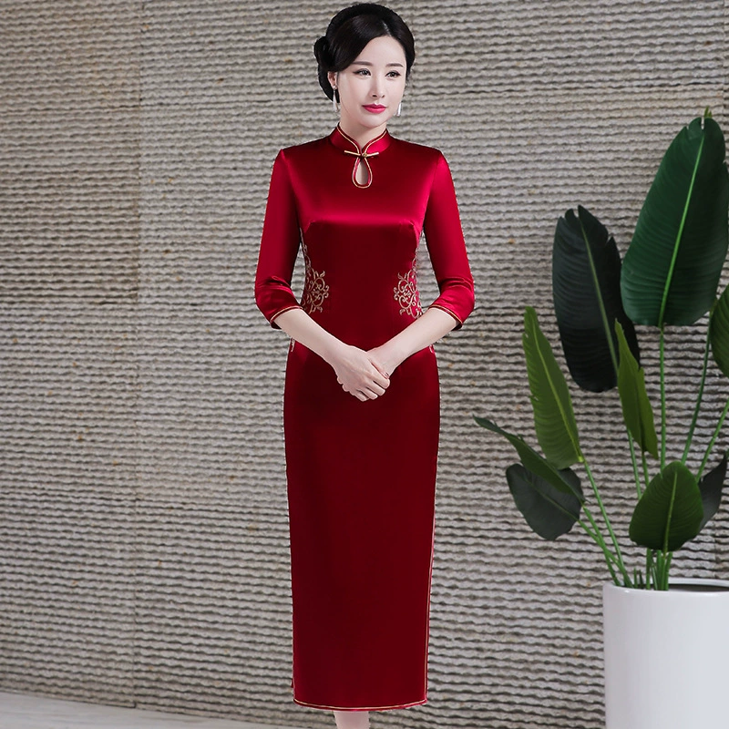 Шэньчжэньское брендовое платье-ципао из ацетата для банкета, женское, приталенное, элегантное, в китайском стиле, для свекрови