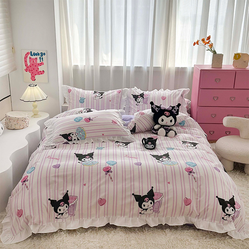 三丽鸥纯棉花边款四件套全棉公主风卡通HelloKitty床单被套床裙款|undefined