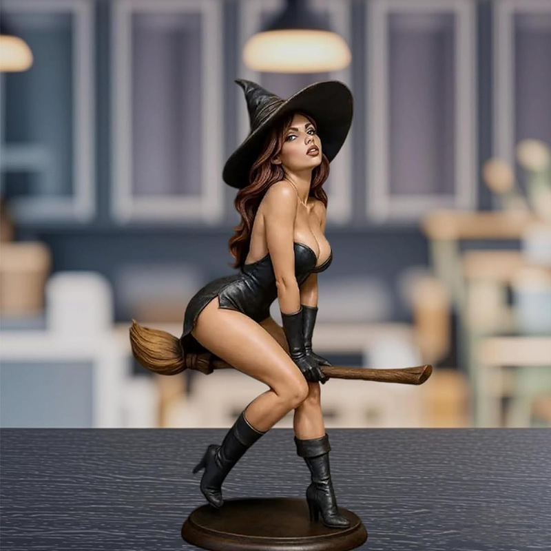 跨境新品万圣节Sexy Witch Bookshelf Statue骑魔法扫帚女巫雕像|undefined
