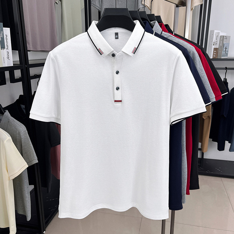 純綿夏の新しいメンズ tシャツ刺繍ハイエンドルーズファッション薄い半袖ラペルアイスシルク半袖メンズ tシャツ|undefined