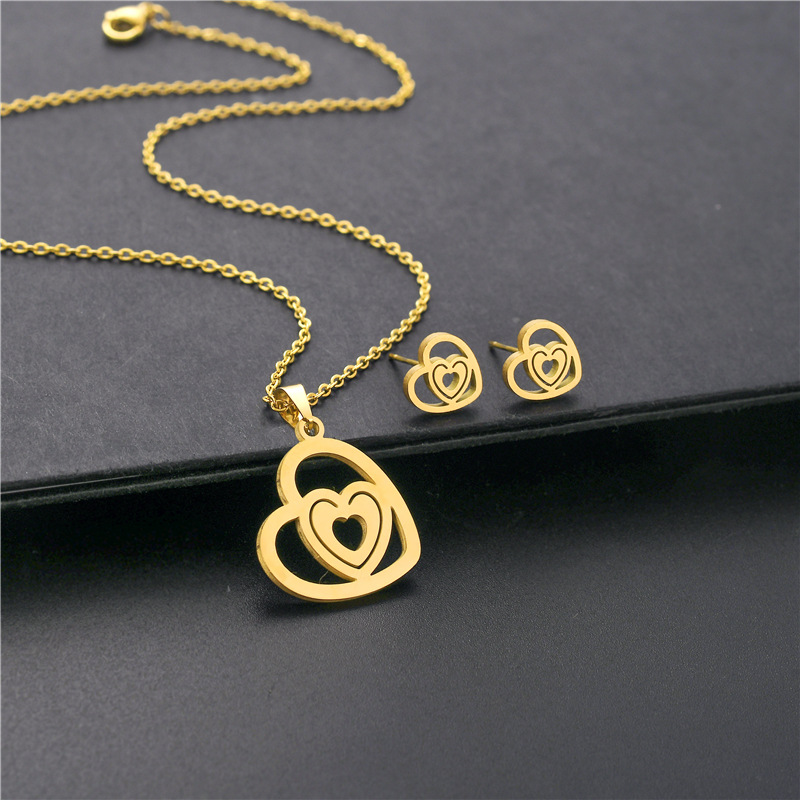 fashion heart glossy necklace set gold heart-shaped pendant earrings two-piece set