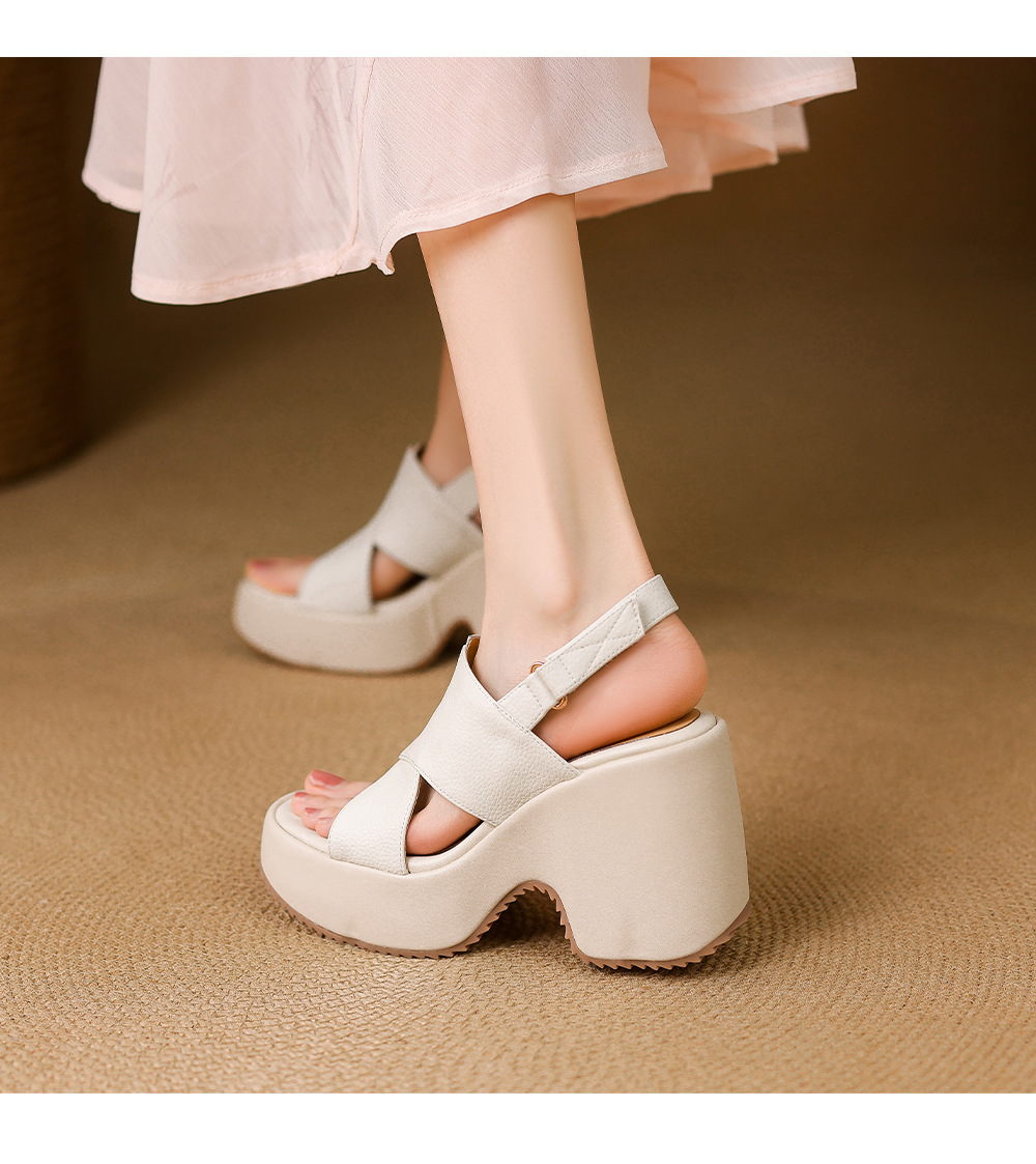 Sandal cao gót nữ hở mũi đế xuồng 10 cm da thật phong cách La Mã — màu trắng ngà, màu mơ chi tiết 7