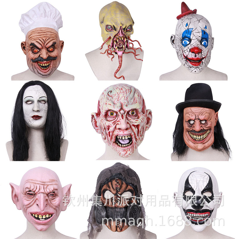 Halloween Latex Horror Mask Clown Headgear Freddy Monster Butcher Long Hair Female Ghost Wig biochemical crisis