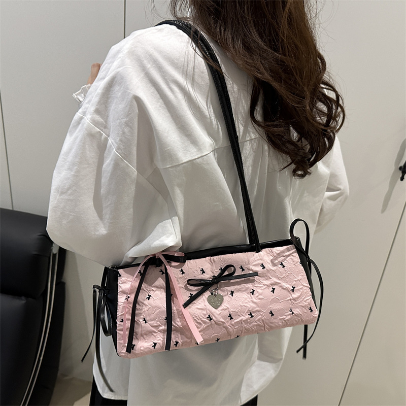 黑粉撞色蝴蝶结小包包女2025夏季新款单肩腋下包时尚甜美手拎小包|undefined