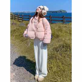 国风少女小个子粉色短款羽绒服2025冬季新中式斜襟立领白鸭绒外套