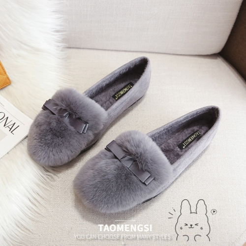 Real rabbit fur plus velvet warm cotton shoes for women 2024 new outer wear furry shoes for women with thick soles and heightening women's beanie shoes