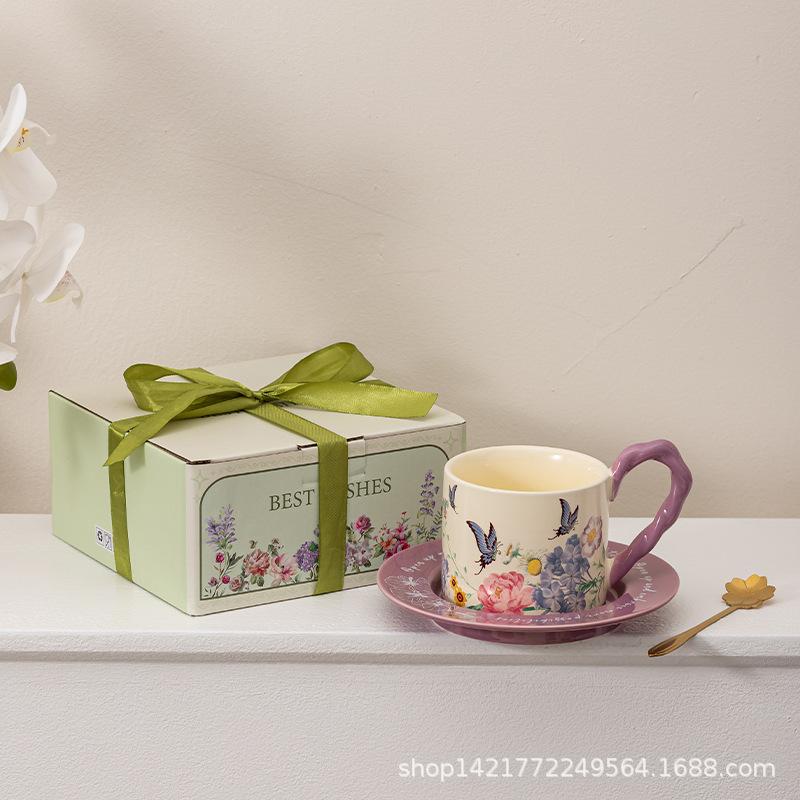 レトロ油絵コーヒーカップ皿セット陶磁器マグカップ小衆カップルカップ蝶コーヒーカップ皿ギフトボックス|undefined